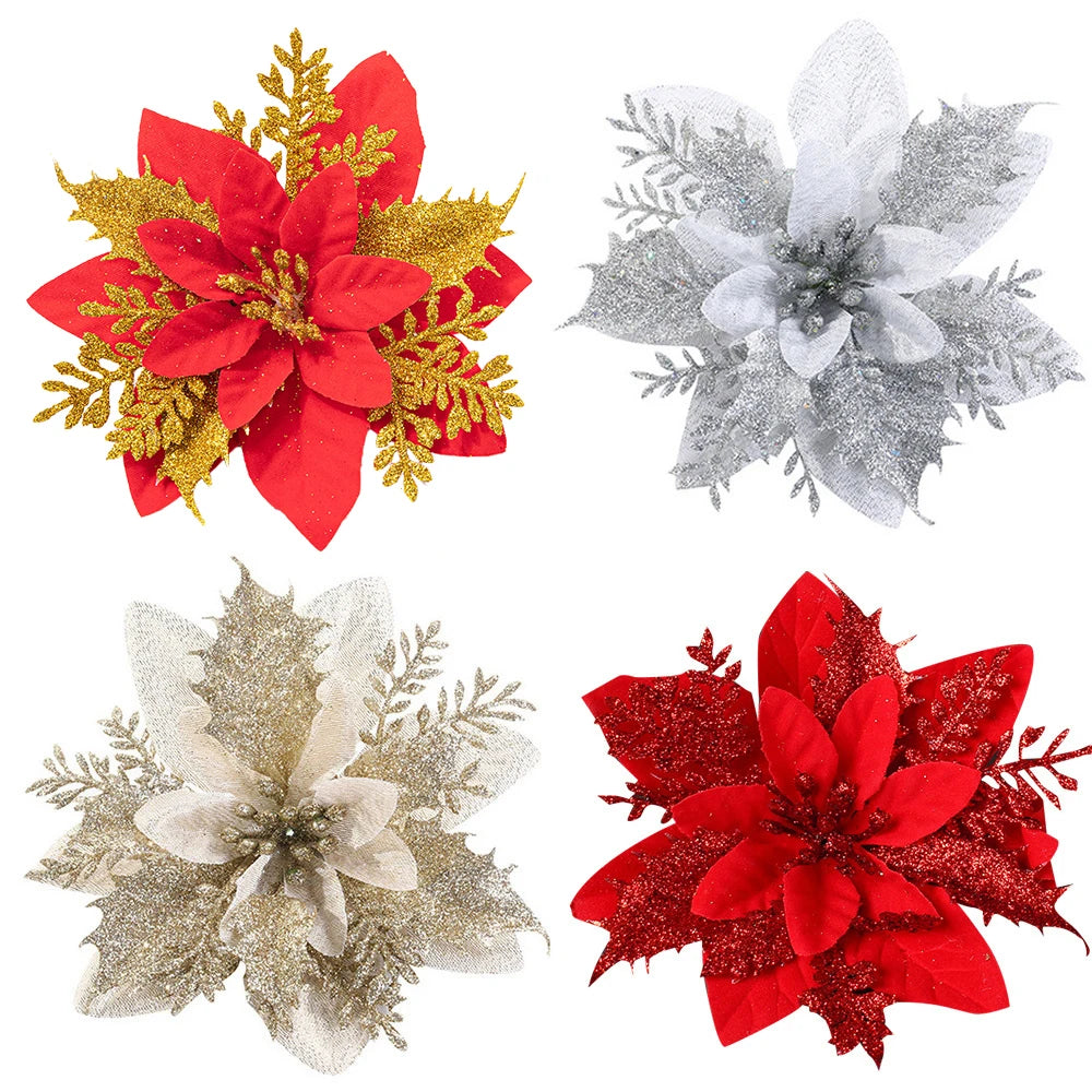 3PCS Christmas Flowers Red Gold Bling Flower Heads For Noel Home Tree Decorations Navidad Party Table Setting Decor Supplies