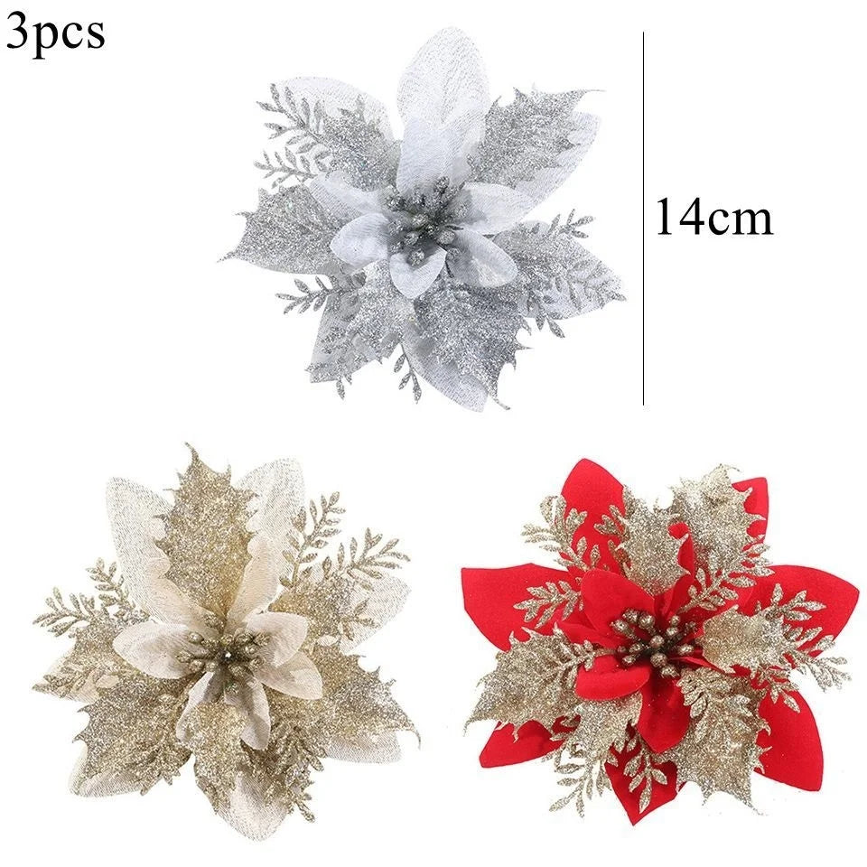 3PCS Christmas Flowers Red Gold Bling Flower Heads For Noel Home Tree Decorations Navidad Party Table Setting Decor Supplies