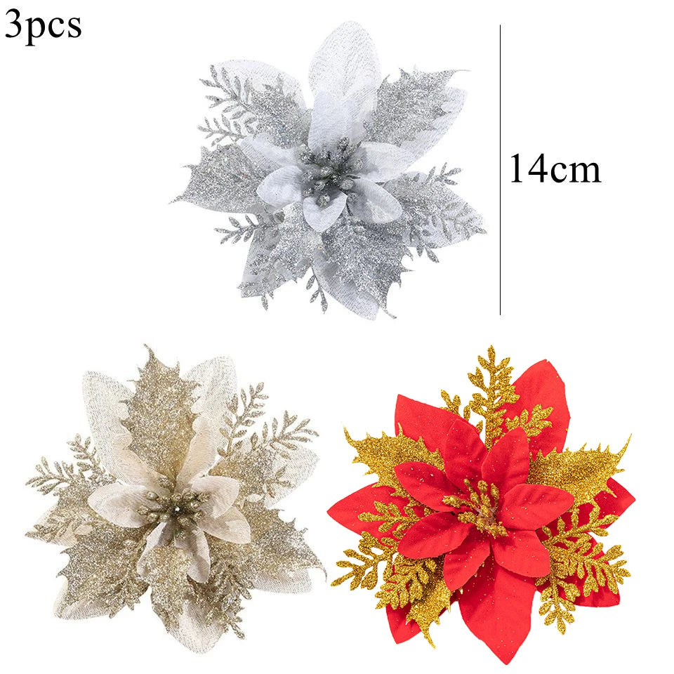 3PCS Christmas Flowers Red Gold Bling Flower Heads For Noel Home Tree Decorations Navidad Party Table Setting Decor Supplies