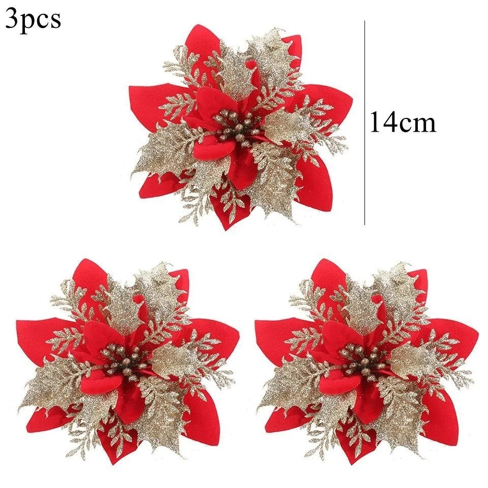 3PCS Christmas Flowers Red Gold Bling Flower Heads For Noel Home Tree Decorations Navidad Party Table Setting Decor Supplies