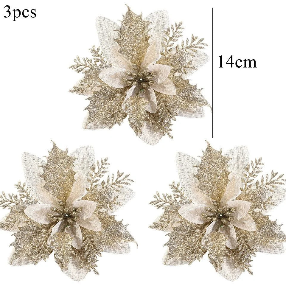 3PCS Christmas Flowers Red Gold Bling Flower Heads For Noel Home Tree Decorations Navidad Party Table Setting Decor Supplies