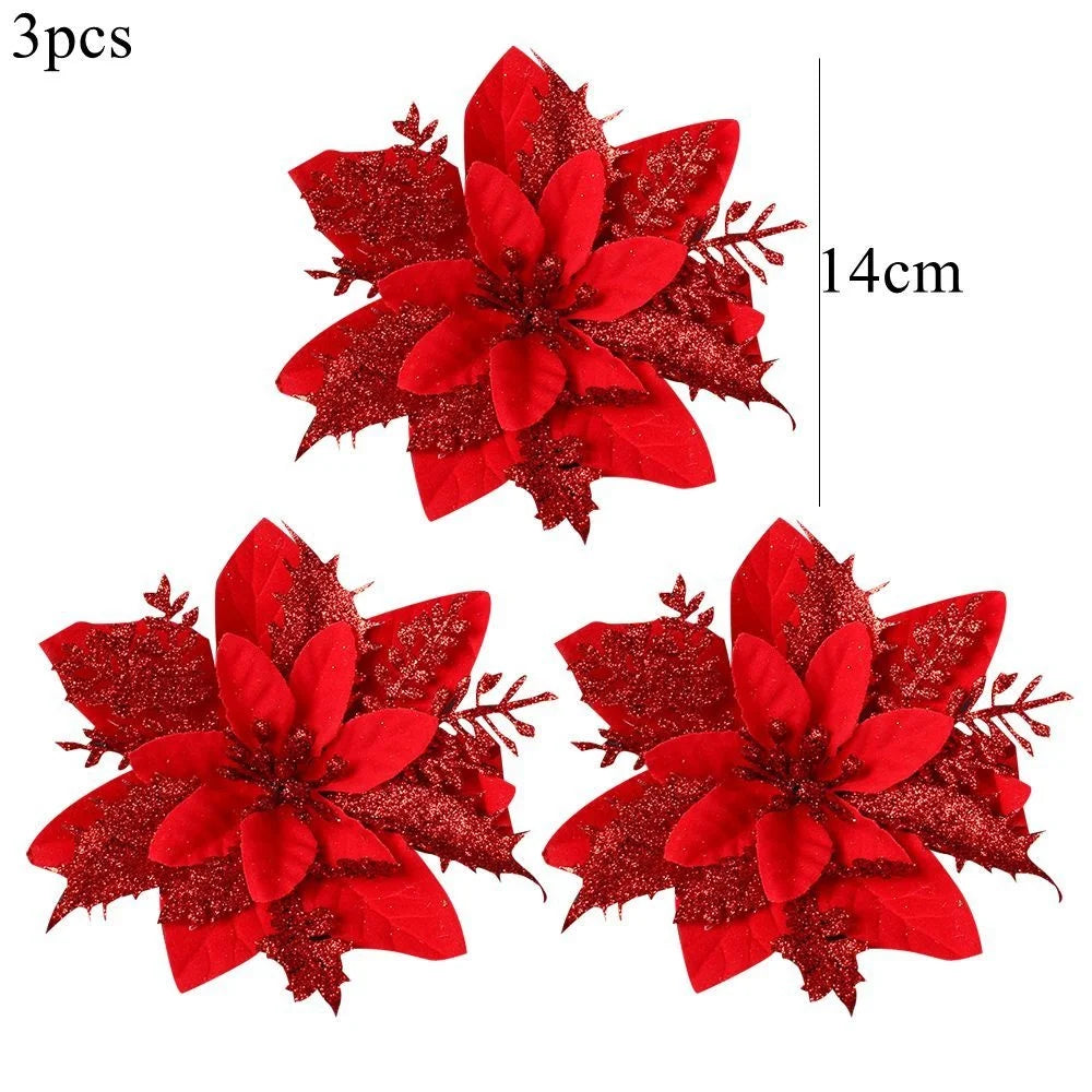 3PCS Christmas Flowers Red Gold Bling Flower Heads For Noel Home Tree Decorations Navidad Party Table Setting Decor Supplies