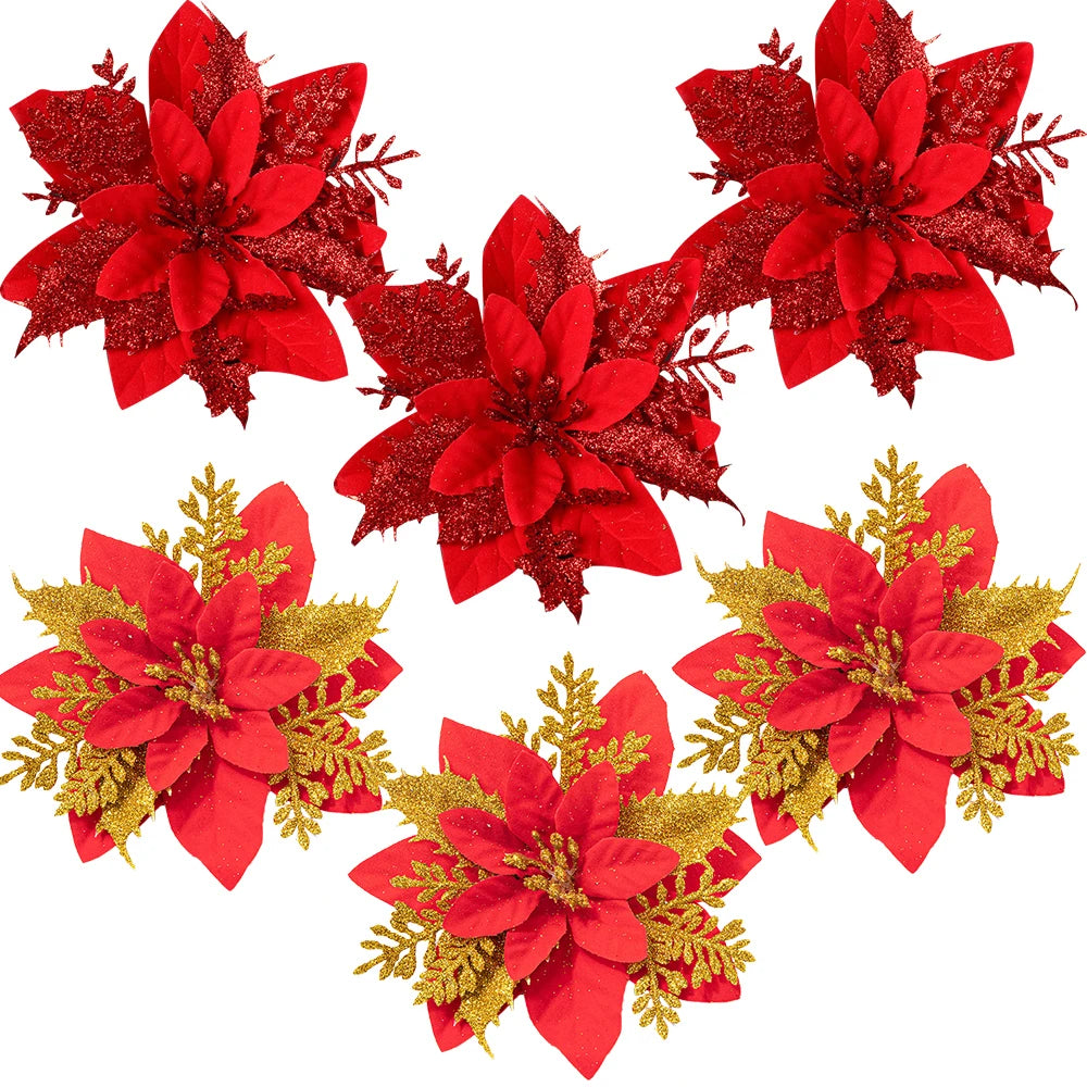 3PCS Christmas Flowers Red Gold Bling Flower Heads For Noel Home Tree Decorations Navidad Party Table Setting Decor Supplies