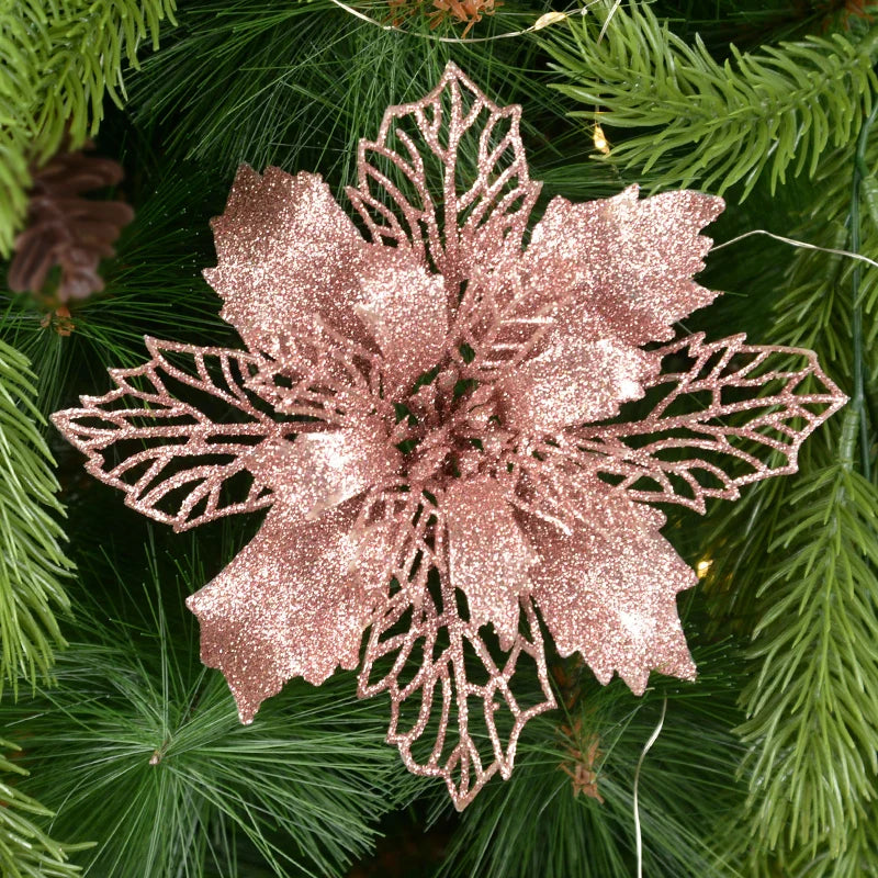 5pcs 9-16cm Glitter Artifical Christmas Flowers Christmas Tree Decorations for Home Fake Flowers Xmas Ornaments New Year Decor
