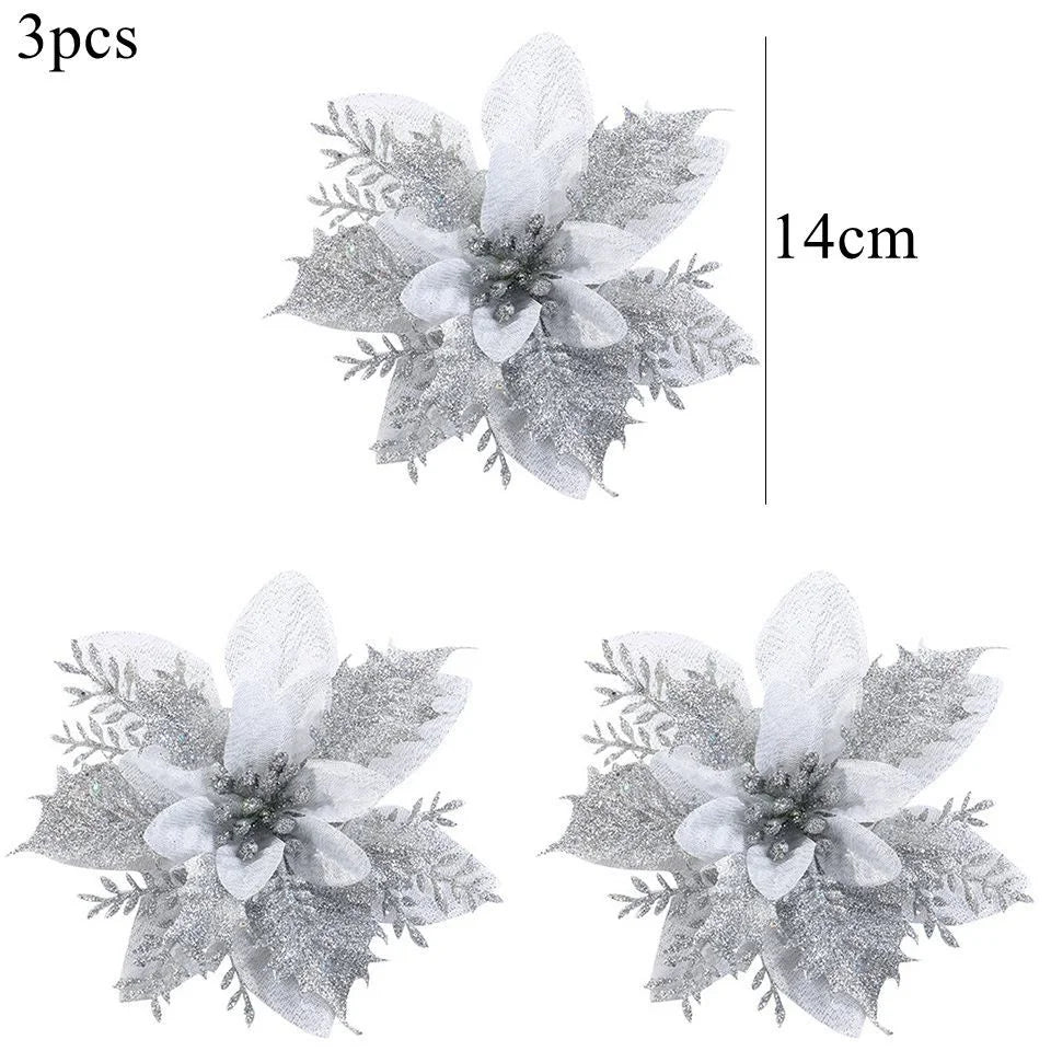 3PCS Christmas Flowers Red Gold Bling Flower Heads For Noel Home Tree Decorations Navidad Party Table Setting Decor Supplies