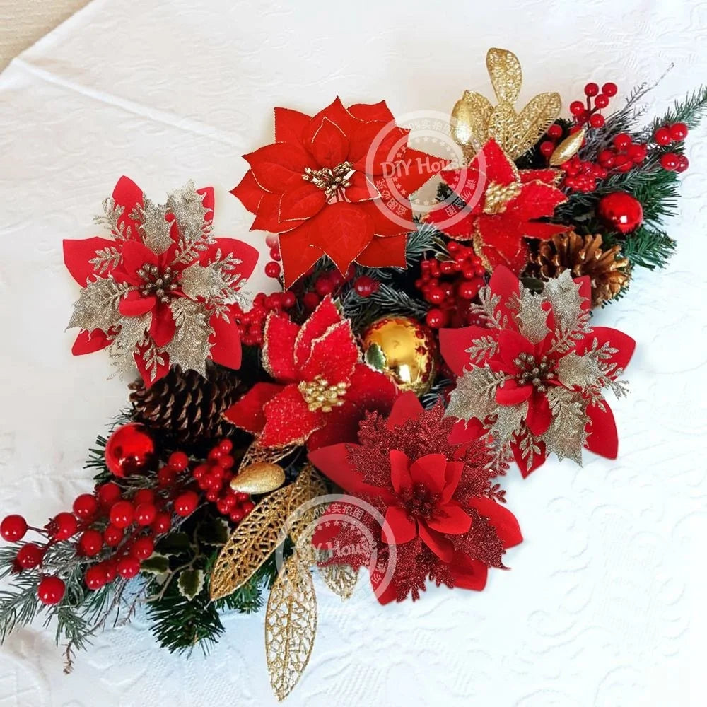 3PCS Christmas Flowers Red Gold Bling Flower Heads For Noel Home Tree Decorations Navidad Party Table Setting Decor Supplies