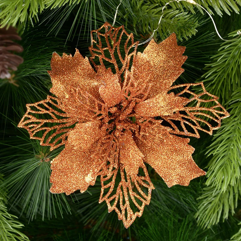 5pcs 9-16cm Glitter Artifical Christmas Flowers Christmas Tree Decorations for Home Fake Flowers Xmas Ornaments New Year Decor