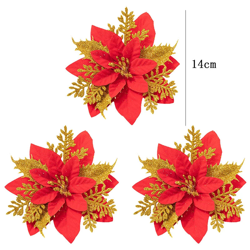 3PCS Christmas Flowers Red Gold Bling Flower Heads For Noel Home Tree Decorations Navidad Party Table Setting Decor Supplies