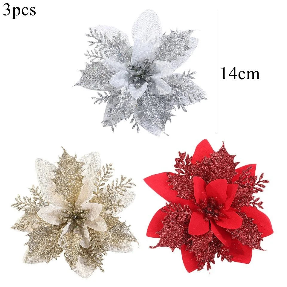 3PCS Christmas Flowers Red Gold Bling Flower Heads For Noel Home Tree Decorations Navidad Party Table Setting Decor Supplies