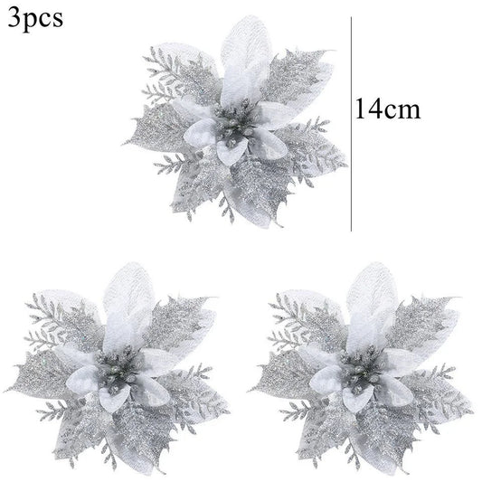 3PCS Christmas Flowers Red Gold Bling Flower Heads For Noel Home Tree Decorations Navidad Party Table Setting Decor Supplies